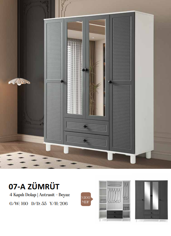 ZÜMRÜT 4 KAPAKLI MDF GARDROP