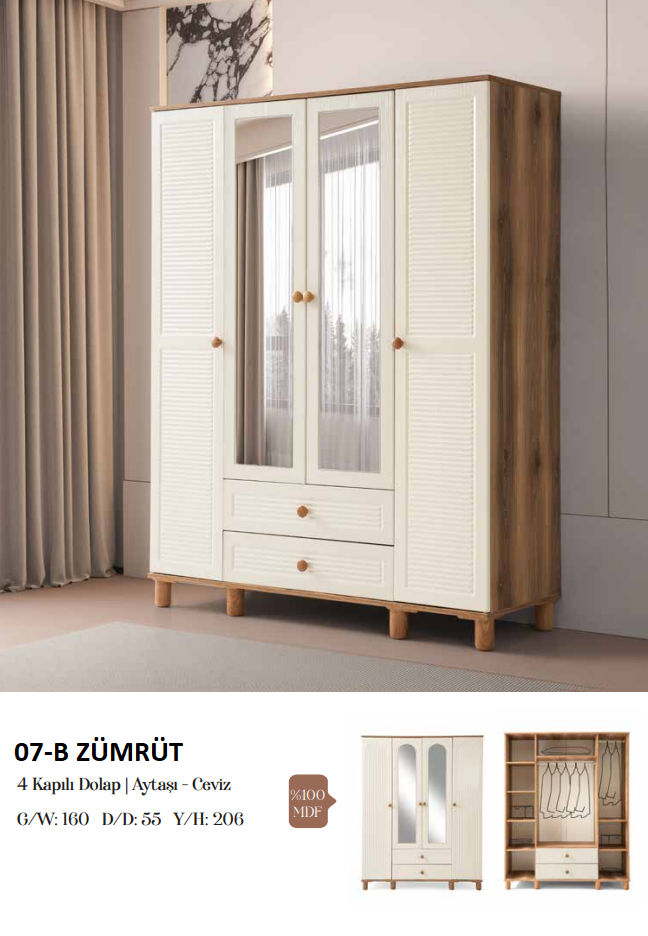 ZÜMRÜT 4 KAPAKLI MDF GARDROP